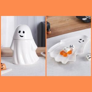 Halloween Kitchen Ceramic Ghost Treat Platter Tray & Treat Jar Set